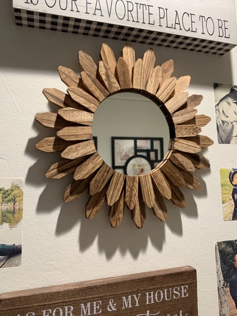 Honiway Wall Mirror Decorative 12 inch Rustic Wood Mirror Sunburst Boho Mirror for Entryway Bedroom Living Room Bathroom House Warming Gifts New Home Essential Carbonized Black - Image 4